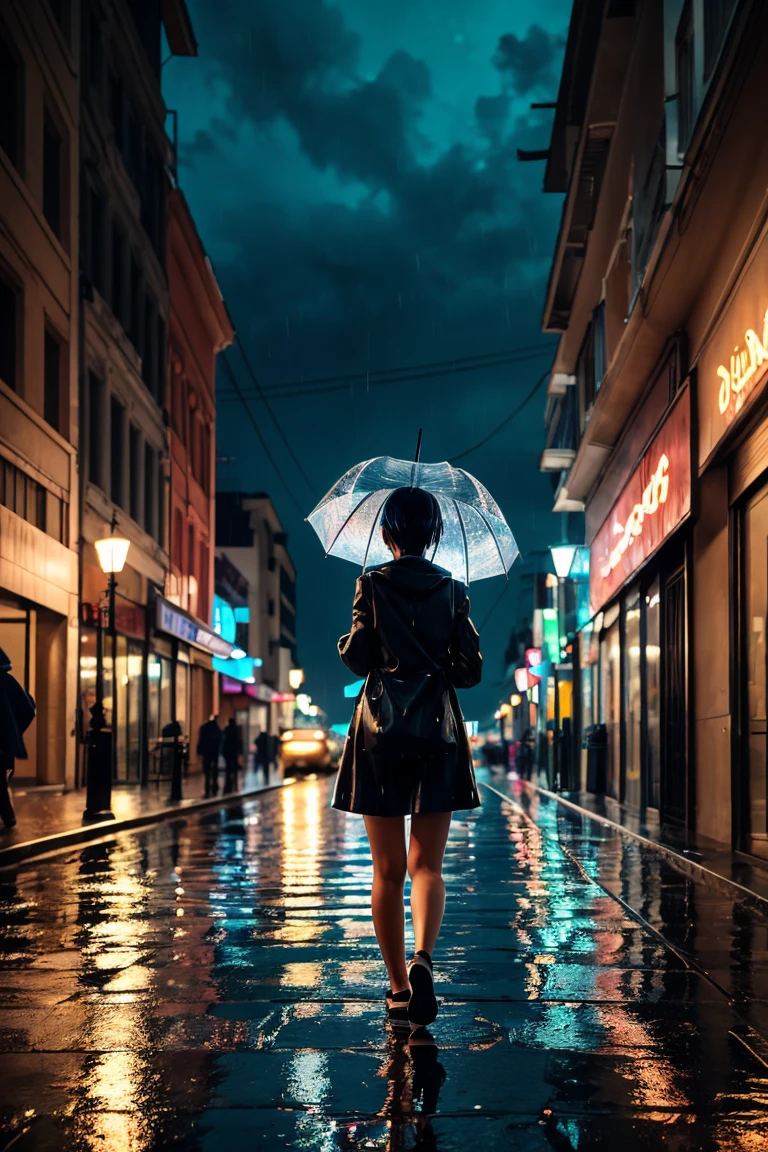 Girl with an Umbrella, Walking in the rain, The city at night, Street Reflections, posterior view, anime art style, digitial painting, Bokeh lights, Wet surfaces, Soft Edge Lighting, High Resolution Scene, Super Detail, masterpiece