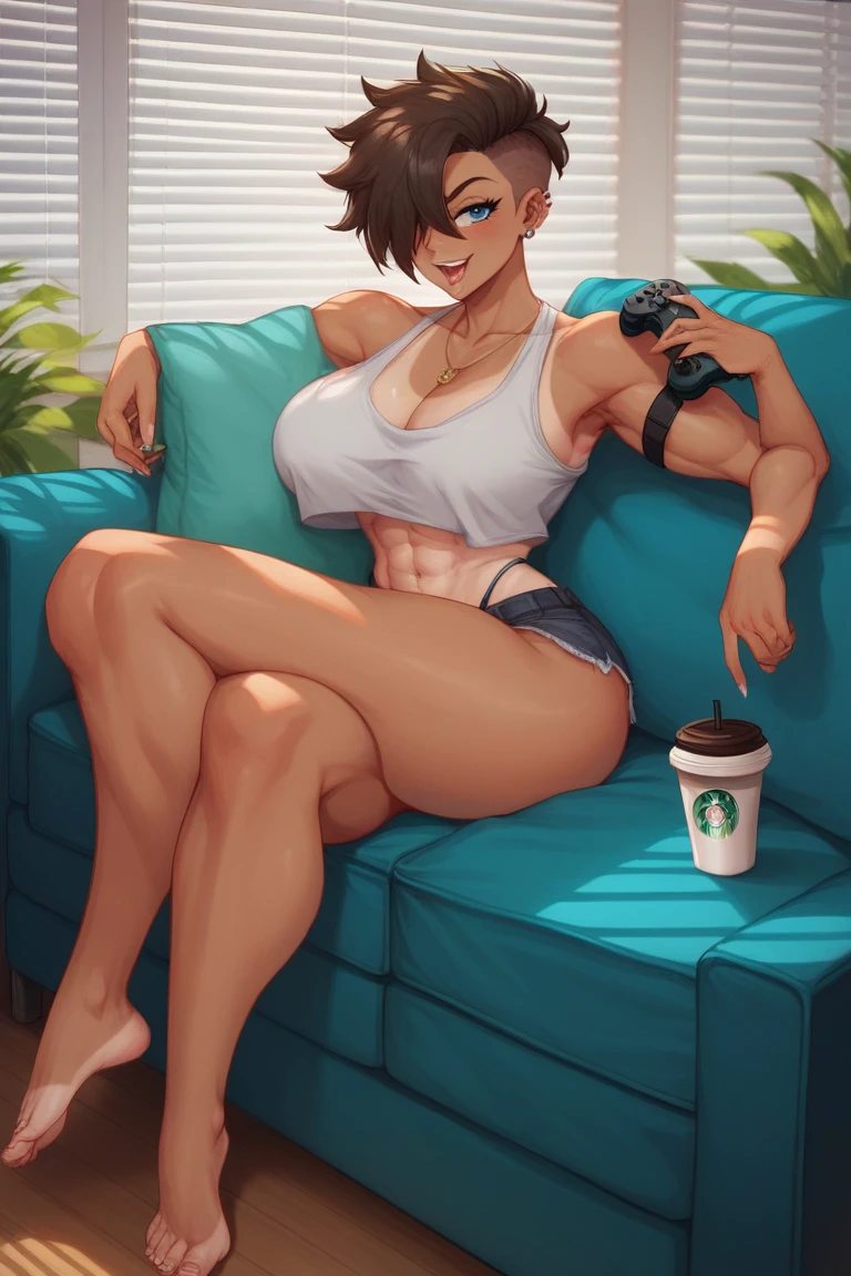 A tomboyish girl lounges lazily on a sun-faded leather couch, wearing a loose tank top and athletic shorts that reveal sharp tan lines across her toned shoulders and thighs. One arm drapes over her eyes to block the afternoon sun streaming through half-open blinds, while her other hand grips a video game controller resting on her stomach. Faded skateboard stickers decorate the couch frame beside her, and an iced coffee sweats on the floor near her bare feet. Hyper-realistic 8K slice-of-life photography with crisp details - the texture of peeling couch leather, goosebumps from the AC breeze, and individual strands of her messy undercut sticking to her neck.