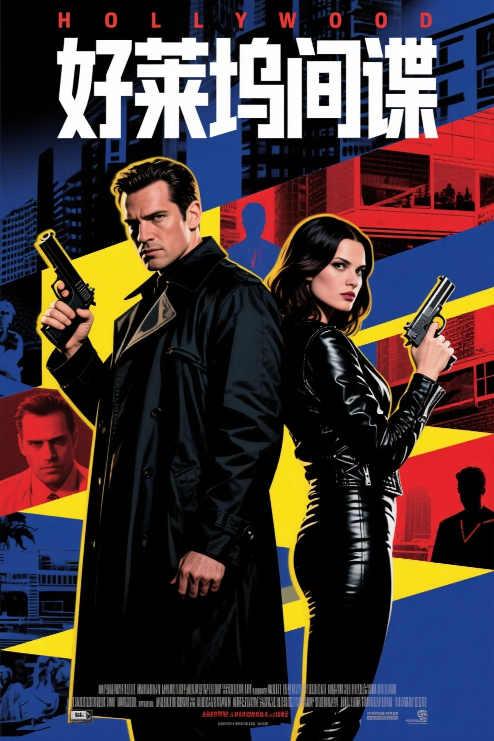 Hollywood spy thriller poster:Mysterious man in trench coat and woman in tight jacket standing back to back,Sharp eyes,holding handgun。background uses multi-scene narration and double exposure。in pop art style,Thrilling suspense。deep blues、black、Red and yellow tones,for dramatic effect。