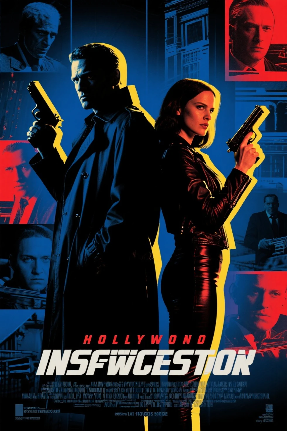 Hollywood spy thriller poster:Mysterious man in trench coat and woman in tight jacket standing back to back,Sharp eyes,holding handgun。background uses multi-scene narration and double exposure。in pop art style,Thrilling suspense。deep blues、black、Red and yellow tones,for dramatic effect。