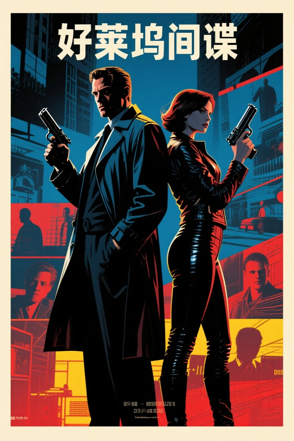 Hollywood spy thriller poster:Mysterious man in trench coat and woman in tight jacket standing back to back,Sharp eyes,holding handgun。background uses multi-scene narration and double exposure。in pop art style,Thrilling suspense。deep blues、black、Red and yellow tones,for dramatic effect。