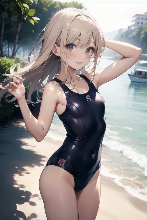 (NSFW:1.1), masterpiece, Highest quality, Ultra-high resolution, Highest Resolution, Very detailed, whole body, thin, very cute,、Complete limbs、Shining Eyes、Full Finger、Slender beauty、Blonde, Bun Hair、Embarrassed look、Writhing expression、Pink、Wear a school swimsuit、Glowing Skin、Knee-length、beach, tree, wind