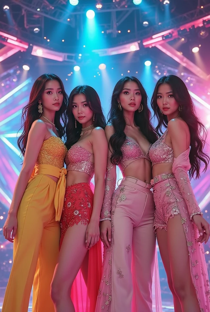 A k-pop girl group Starlight performing at Show Champion 
- **Jisoo**: Dramatic black and gold gown with a high slit and embellished bodice.
- **Nari**: Edgy leather ensemble with a studded vest and ripped skinny jeans.
- **Soojin**: Elegant silver and white layered dress with cascading ruffles and sparkling accessories.
- **Mina**: Bold, neon pink outfit with a structured mini skirt and matching crop jacket.
- **Yuna**: Space-age inspired metallic mini dress with futuristic accessories and knee-high boots.


    





 

   