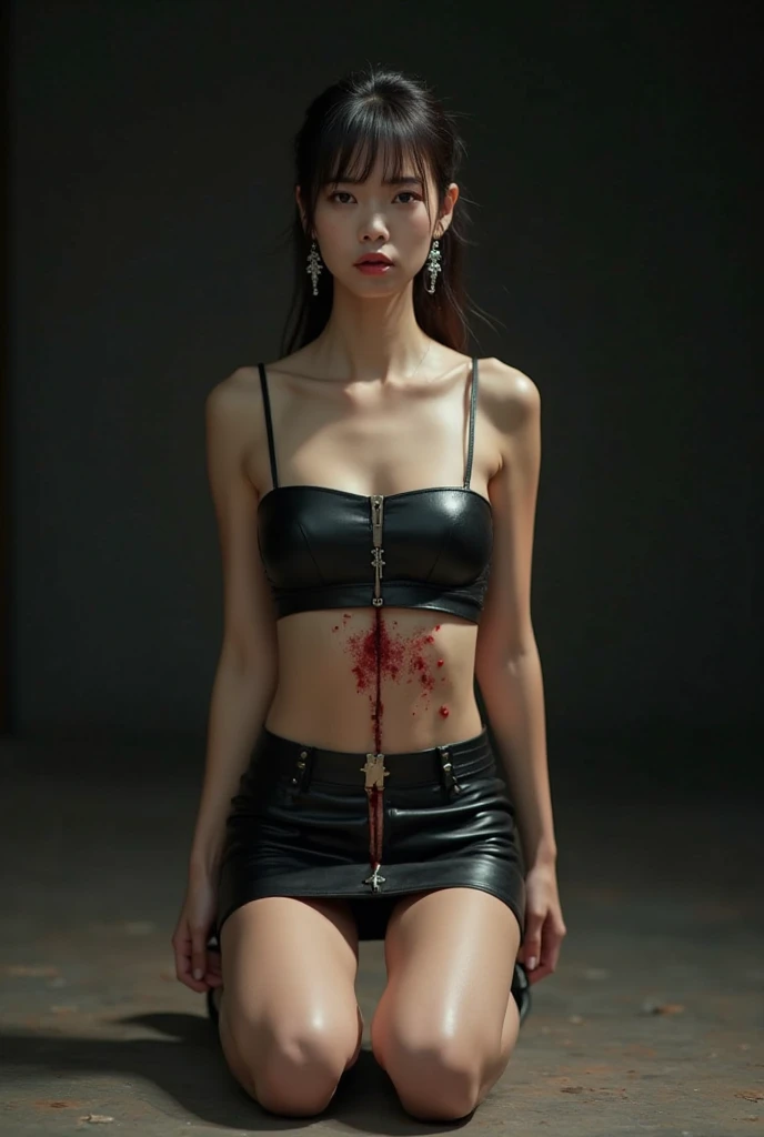 Korean women,32 years old,(Pale skin),necklace,(black collar:1.0) ,earrings 、Deep sadness、sorrow、Red lips open:1.6 . .Feeling very painful expression:1.6,masterpiece,original photo,best quality,detail:1.2),,endless realism,High-granularity CG integration 8k, Full body image:1.5 (Sweat)(Sexy pose),Perfect body (Have deep cleavage,Clothes were torn,The material is very thin:1.3) hands tied with rope:1.5,bdsm:1.5 Hands tied with chains:1.5. Bust size is at least 36F:1.8 Close your eyes:0.5 (Clothes were torn:1.6)
