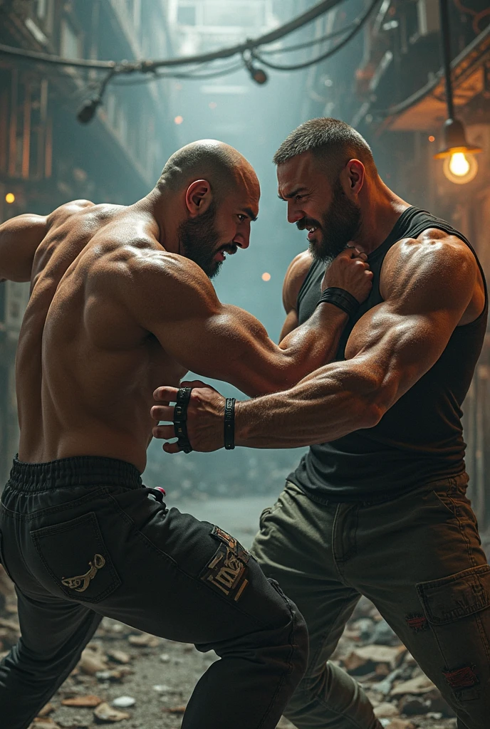 An underground club with a ring in the garage、Big muscles、Men、Lynching