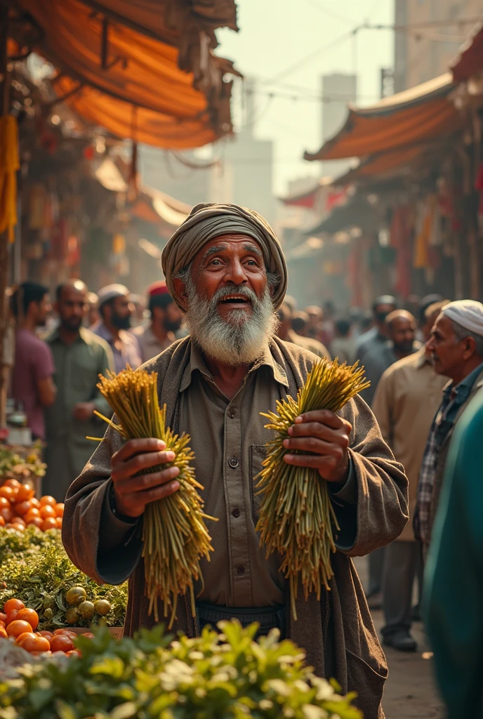 A realistic image of a modern. A poor islamic old man took his paddy to market