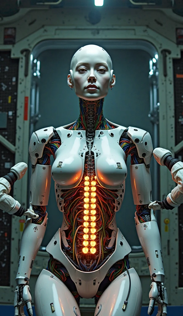 cute novelty, cybernetic metropolis background, futuristic 1980s analog photo, glamourous atompunk, smooth retro curves, gold and orange, visible organs, visible bones <lora:ral-transp-sd15:1> tranzp