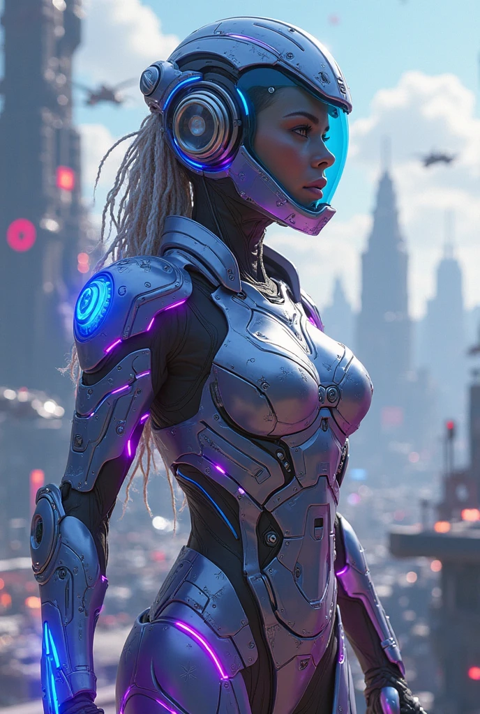 Rear view of a striking black woman in an imposing futuristic post-apocalyptic cyberpunk environment full of technological details. The woman has rich, deep skin, with ebony tones that glow under the scene's neon lighting. Her hair is a bold combination of dreadlocks and braids, decorated with metallic threads and small LEDs that blink softly, reflecting the colorful lights in the room. His face is sculpted with strong, elegant features, highlighting piercing eyes that glow with a cybernetic blue intensity. She wears metallic makeup, with silver shadows and lips painted an intense purple, adding a touch of mystery and power. His athletic body is encased in a futuristic combat suit made from synthetic and metallic materials. The look is a combination of black, silver and neon blue, with details that suggest high technology, such as embedded circuits and light panels. Plates of armor protect his shoulders, arms, and legs, while cables and wires connect to devices on his body, indicating a perfect fusion between human and machine. giving it a vivid and dynamic, Hyper Realistic, Cinematic appearance.
