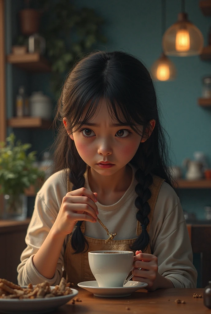 there is a young girl sitting at a table with a cup, Shot on Canon EOS R 6, Young Asian girl, taken with canon eos 5 d mark iv, taken with sony alpha 9, taken with canon 5d mk4, Photo taken with Nikon D 7 5 0, Photo taken with Nikon D750, shot with canon eoa 6 d mark ii