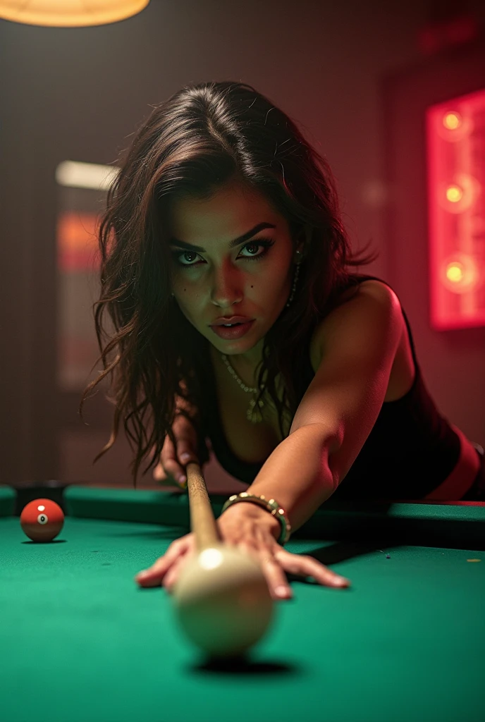 (masterwork:1.1), (photorealism:1.1), ((high angle POV:1.4)), (1bimbo), (looking up to camera:1.2), whole arm tattoo, flushed, alternative woman, (open mouth), (luxury dress:1.1), golden chocker, detailed photograph, high detailed, HDR, sharp focus, focus on face, medium breasts, dark eyeliner, lipstick, (stay near billiard table), at night, background lights, color photo, shallow depth of field, damp hair, night club light