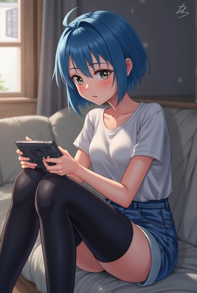 <lora:amelianv1:0.6>, blue hair, hairband, short hair, mob face, orange long dress, 1girl, clothed, clothing, black thighhighs, smile, looking at viewer, sitting, living room, windows, night sky, stars, indoors, carpet flooring, gaming, nintendo switch, game controller, detailed, closeup, photography
