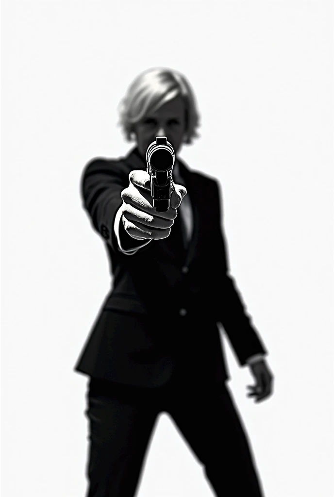 professional (black and white) illustration of scary 1920s female gangster (aiming a pistol) and wearing a (white pinstripe) suit, butch blonde hair cut, beautiful detailed face, (highly detailed), (photorealistic), by robert maguire and alphonse mucha and guido crepax