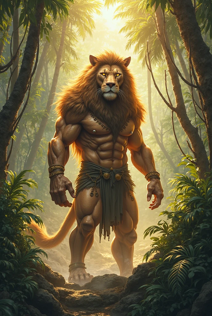 Lucas Bracey, Man hunting in the middle of the forest a ferocious lion , 8k, foto RAW, (Piel altamente detallada: 1.2), (Expuesto: 1.1), (Espalda expuesta: 1.5), , (Vista de arriba a abajo:1.5), ((::Estilo Jae Lee y Joe Madureira ::2.0 comix illustration style,Estilo Tatoon ,, (Fondo hermoso y claro:1.2),, fantastic paintings , ::Jason Fabok y el estilo Yoji Shinkawa ::2.0 comix illustration style,Estilo Tatoon , comic book style , (Fondo hermoso y claro:1.2),, fantastic paintings ,Estilo graffiti; Pieza maestra, mejor calidad, Alta calidad, extremadamente detallado CG unidad 8k fondo de pantalla, Paisaje, rewarded photography, HDR, extremadamente detallado, tendencias en Artstation, Tendencias en CGsociety, intrincado, High detail, Arte por Midjourney Style::JKenneth Rocafort ESTILO ::2.9 (Pieza maestra:1.2, mejor calidad), (hermosos ojos finamente detallados: 1.2),