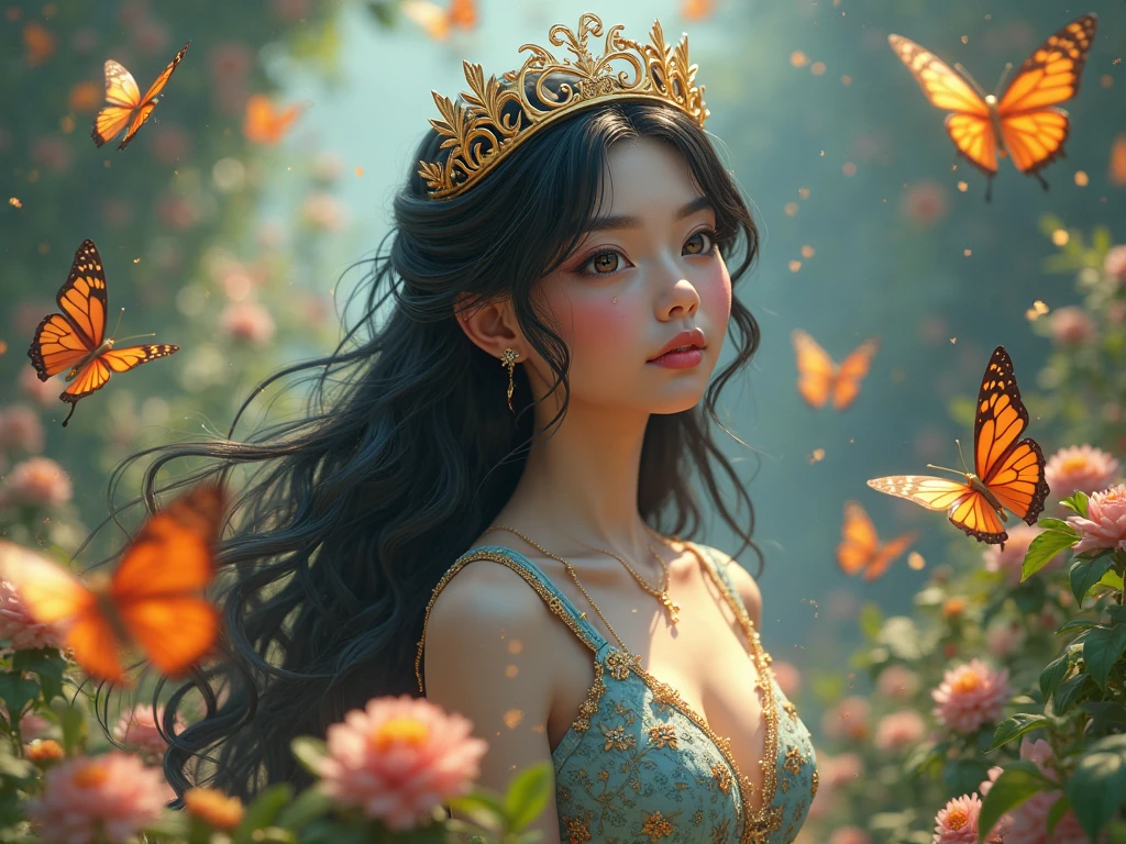 1girl, solo, full body, (masterpiece:1.21), (best quality:1.2), colorful, (illustration:1.2), (cinematic lighting:1.1), (bare shoulders:1.21), (collarbone:1.21)
In this whimsical and fantastical garden, the scene is illuminated by a rainbow of (colorful fireflies), dancing and fluttering in the air. The garden is decorated by a gentle (drizzle), creating a misty and ethereal atmosphere. In the center of the scene, there is a single girl, an extremely delicate and beautiful girl, with cute features and an innocent expression. Her long hair is flowing with the wind. She is wearing no shoulder straps dress, which is ultra low cut, highlighting her delicate curves.

The lighting is very delicate and beautiful, creating a soft and warm glow that highlights the water, making it sparkle like diamonds. The finest grass is also illuminated, creating a lush and verdant carpet. The garden is surrounded by colorful flower fields, with blooms of every color and shape. (Colorful butterflies), of every shade and size, can be seen fluttering around the scene, adding to the overall sense of wonder and magic. (look ai viewer),A blush can be seen on her nose, and her mouth is slightly open, adding to the overall sense of innocence and youthfulness. Falling petals can be seen floating around her, adding to the overall sense of romance and beauty. A gentle wind is blowing through the scene, making the leaves rustle and the flowers sway, adding to the overall sense of movement and life. This is a scene of pure wonder and magic, filled with color and beauty, where the viewer can lose themselves in the enchanting and captivating world.