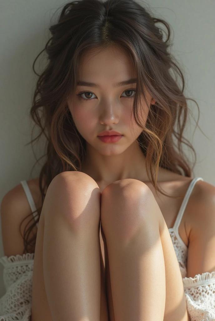 Asian girl most beautiful
Full upper body exposes
Hiding by hand
Wearing denim shorts
White high heels
Squatting