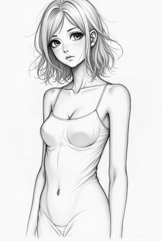 Coloring book for adults. Only black and white. low detail only main line. gorgeous, beautiful, sensual and erotic woman with medium breasts. The breasts are covered by transparent bra. (very tight and transparent panties and bra detailing all your body). white background. white colors. full body view of blonde woman, drawing, xyzsketchstyle, (Ultra detailed:1.3) ((((best quality))).