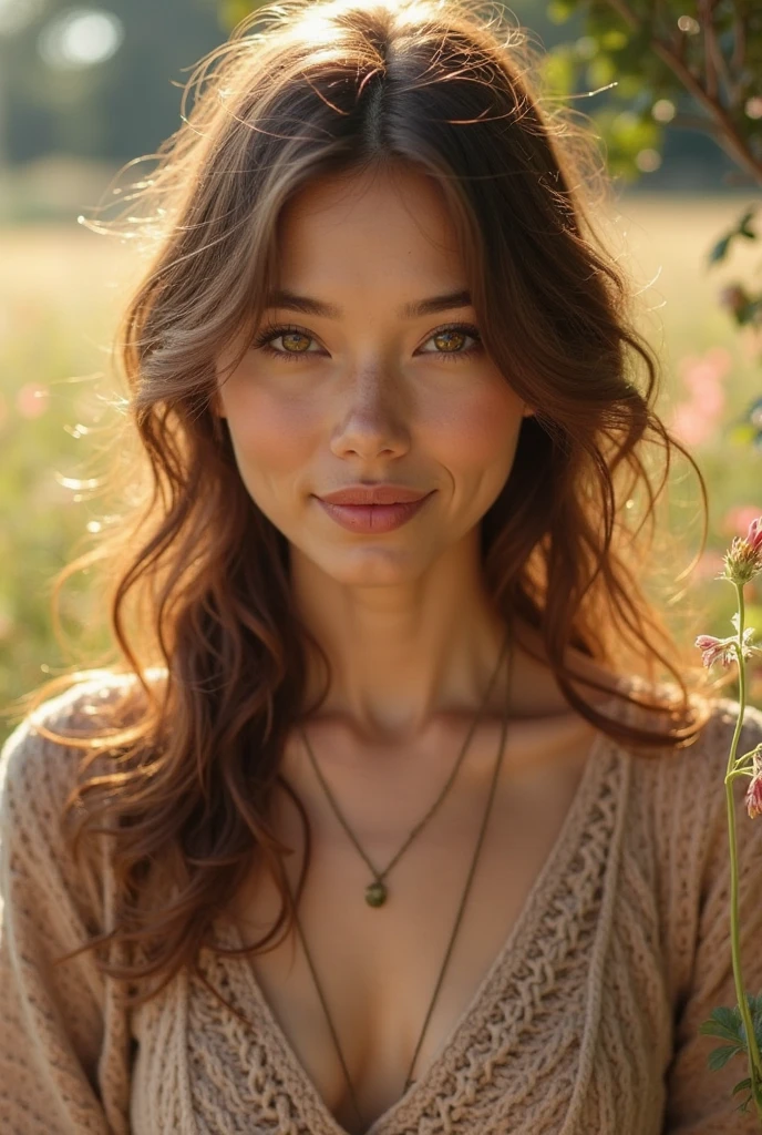 1 girl, young , 25 years old, sharp focus, depth of field, beautiful model, tall body, slim body, brunette, wavy hair, fashion hair, bright eyes, floral sundress, crop jacket:1.3, meadow, happy poses, happy smile, cowboy shot, dynamic light, masterpiece, ultra HD, raw photos, 4k, professional photographer, professional lighting, detailed face, detailed skin texture, perfect face, perfect hands