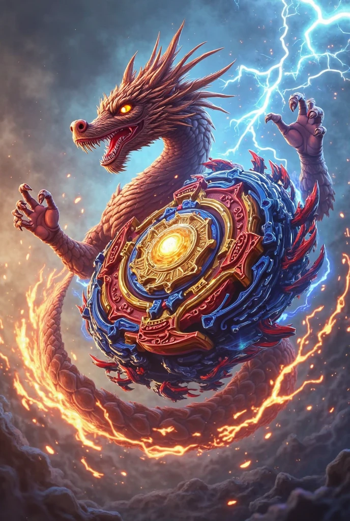 Very cool legendary Beyblade in blue, red, white and a little yellow with a monster symbol in the center with a resplendent, shiny and supreme golden leviathan in the back, anime style