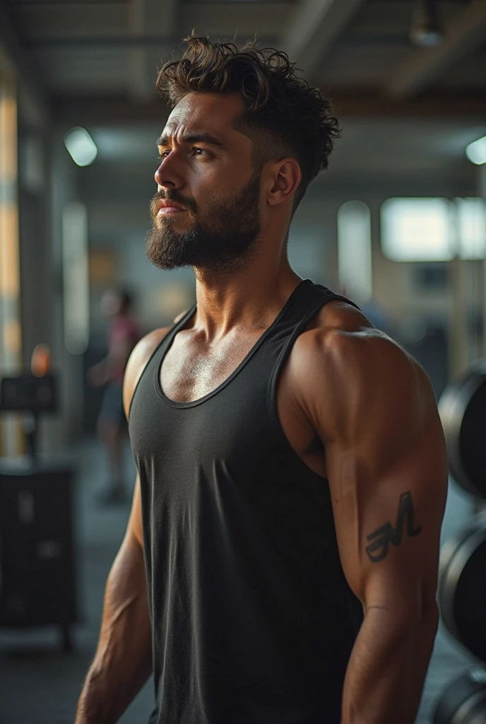 Homem de cabelo rosa, corte do exercito, brinco pequeno, with muscles, com algumas tatuagens