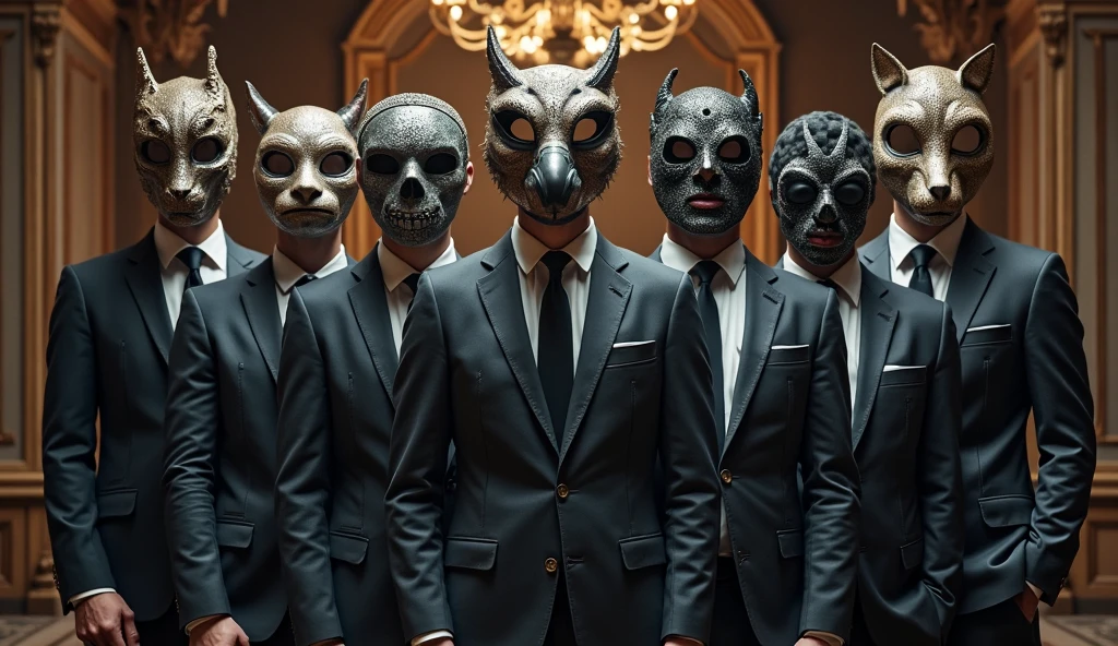 3 men in black suits, one on the far right with a horned dragon mask and realistic green hair with purple tips and slanted red eyes , . In the middle one with a realistic wolf mask that has hair and on the left one with a realistic red demon mask , The 3 in golden suits, guns and lots of bullets. Let the dragon be on the right . With golden weapons , the 3 celebrating with their weapons. Black background. Dwelling in front red eyes