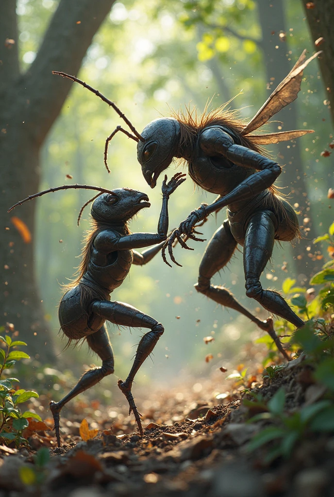A man fighting with ant in the middle of universe which is in a particle of dust from the sea .