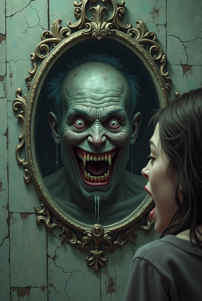 **A Disturbing Reflection**: Shows a person looking at their reflection in a mirror, but the reflection shows something completely different, such as a monstrous creature or another face.
