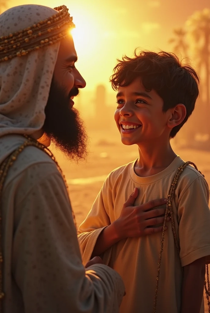 A detailed scene set in ancient times, showing the old religious man wearing a turban captured it from back side of yong boystanding near the tandoor, his face filled with joy and pride. He warmly embraces the young man, holding him close to his chest in a heartfelt hug. The tandoor's warm glow illuminates their faces. The setting is rustic, with the stone walls and simple surroundings adding to the emotional and uplifting moment as the elder man expresses his emotional and approval."