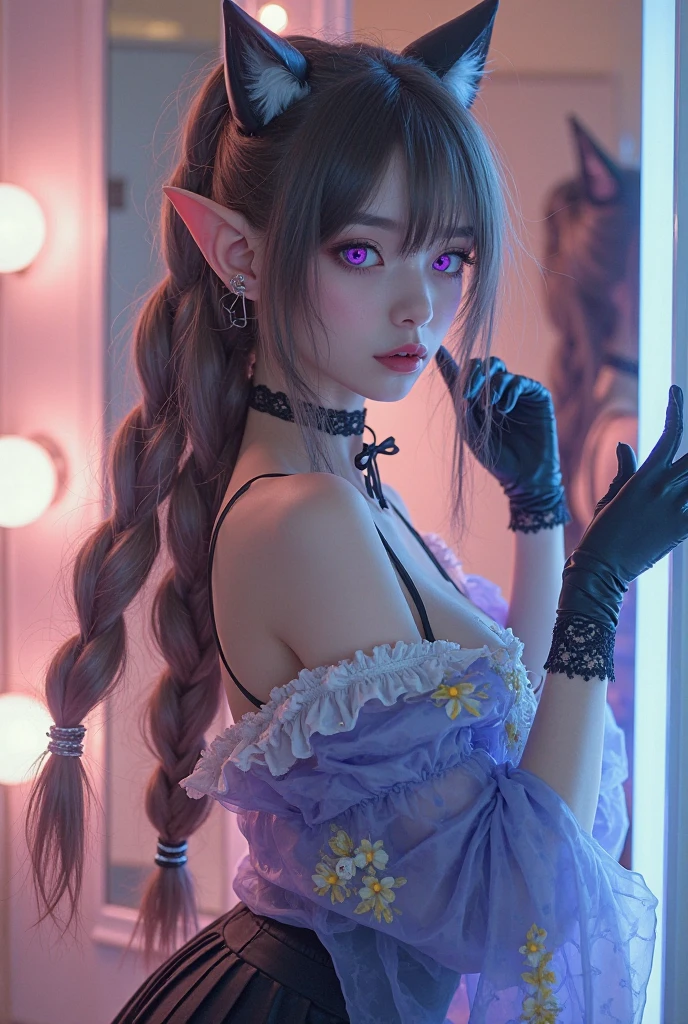 (raining day:1 bun lady,Jade foot,Stretch your feet,Purple hair combed into a bun, Kneeling pose), tmasterpiece, best qualtiy, RAW photogr, realisticlying, the face, Incredibly Ridiculous res, Beautiful elf beauty, ear studs,Get wet all over, (Light purple ultra-short hair,hair-bun), black formal,Sat down,(black lence stockings),Black stockings,Stocking feet,(no shoe),depth of fields, A high resolution, ultra - detailed, filigree, RAWE is very detailed, very detailed eyes and faces, Sharp pupils, realistic pupil, tack sharp focus, cinmatic lighting,full bodyesbian,Bigboobs,long leges,From the front side,Main street on a rainy day,dynamicposes