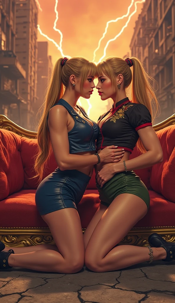 Detailed and lifelike depictions of Cinderella and Snow White, both radiating a distinct pin-up style, stand close together, their faces inches apart, hinting at an imminent kiss. Dressed in miniskirts, stockings, and heels, their attire reflects the iconic colors of their traditional outfits, ensuring they're instantly recognizable as their respective characters. While their classic features are present, the pin-up flair is undeniable. Artful tattoos add a contemporary touch. Their postures and expressions, combined with their pin-up attire, create a fusion of classic Disney and vintage allure., sharp focus, emitting diodes, smoke, artillery, sparks, racks, system unit, motherboard, by pascal blanche rutkowski repin artstation hyperrealism painting concept art of detailed character design matte painting, 4 k resolution blade runner --auto