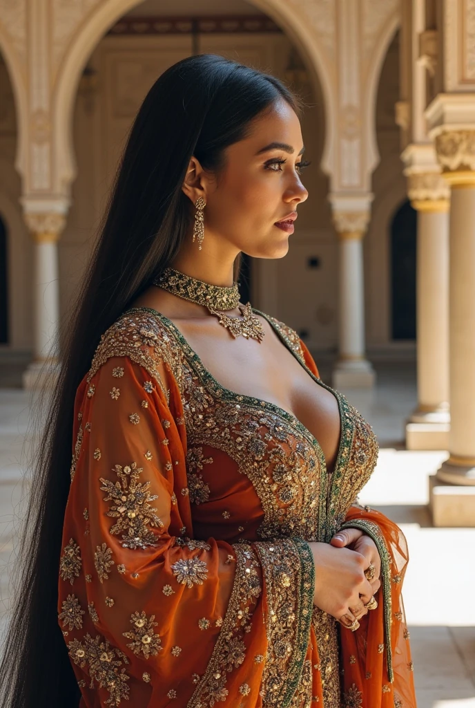 Side photo of a confident Indian woman, Princess Scythe with flowing long hair, browneyes, Wear designer jewelry, Visible C-cup breasts sit on royal gardens, palace background, The bokeh is perfectly framed, Hyperrealistic, Super detailed, 8K, High quality, trending art, trending on artstationh, Sharp focus, photographed, Intricate details, Highly detailed, art of greg rutkowski