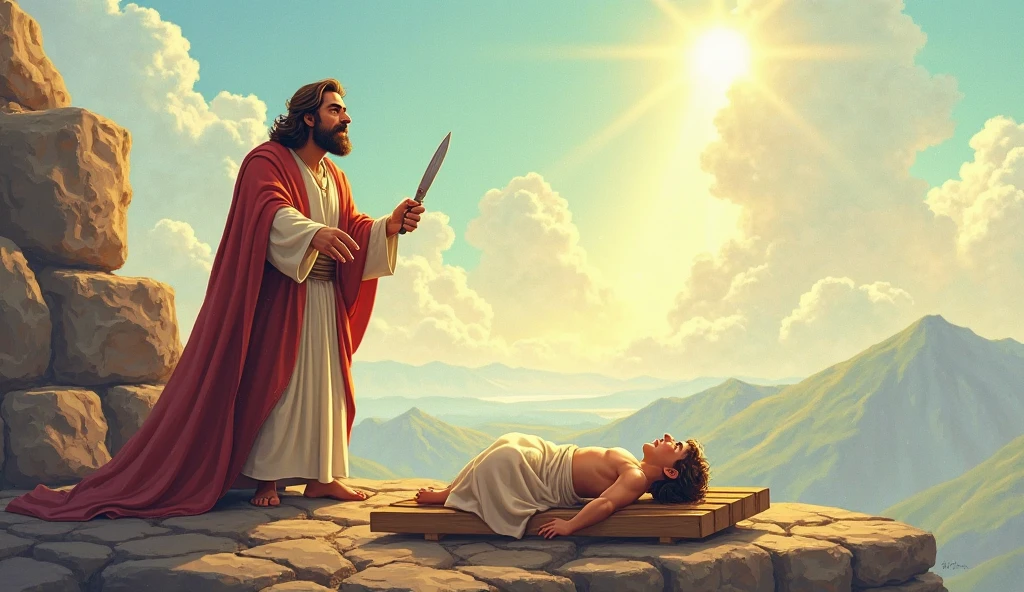 "Create a detailed digital artwork depicting the biblical scene where Abraham is about to sacrifice his son Isaac, who is around 20 years old. Isaac lies bound with ropes on a stone altar, his eyes closed in peaceful resignation, as if he is asleep. Abraham, an elderly man with a solemn and sorrowful expression, stands over him, holding a knife, ready to complete the sacrifice. A beam of divine light pierces through the dark, cloudy sky, casting a dramatic glow on the figures while the background remains in deep shadow. The image should focus on intricate details, such as the texture of the ropes, the peaceful expression on Isaac's face, and the contrast between light and darkness, all rendered in a high-definition digital art style."