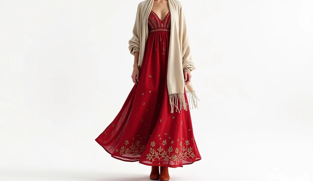 I have a white kashmiri shawl with thin red embroidery. I wish to upcycle the shawl into a dress. Can you generate images of short tunics with peplum cut and maxi dress designs for this shawl ? 