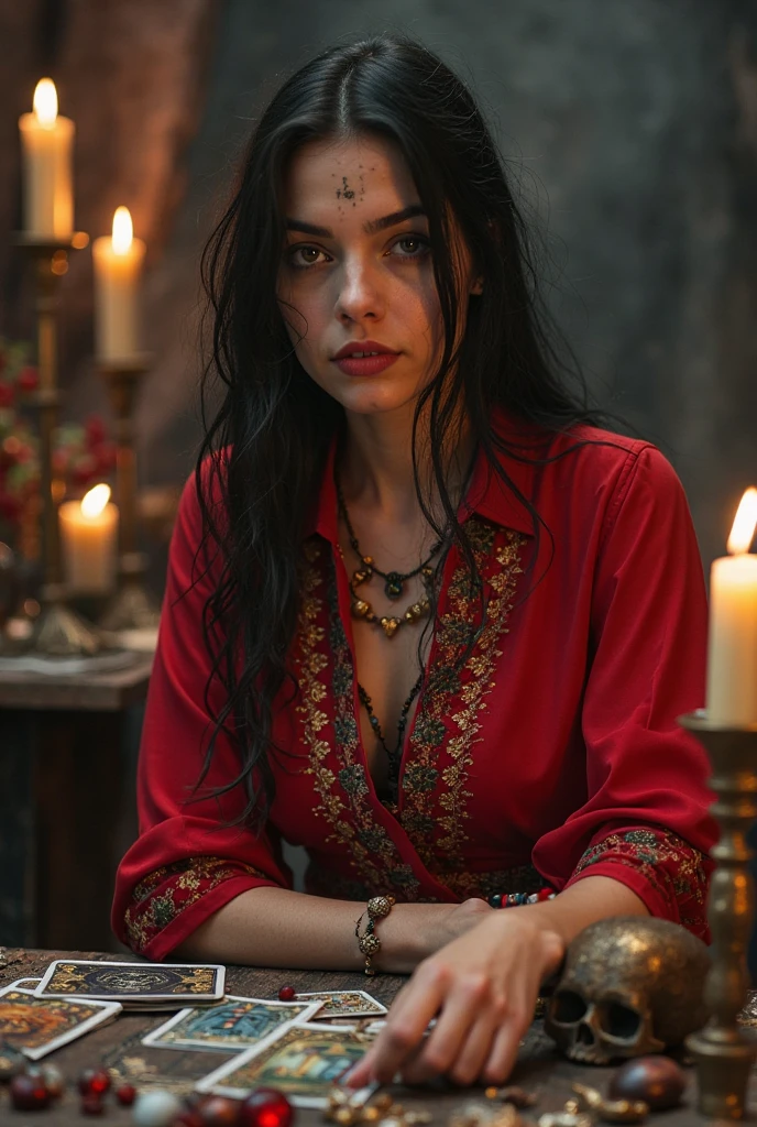 masterpiece, reality, 4k, (medium full shot) of (mesmerizing fortune teller) young woman, australian, tan skin, brown eyes, Average build, short dark hime cut hair, wearing a silk headscarf , rich burgundy bell-sleeve top, harem pants, leather slippers with ethnic designs, red lipstick, crystal ball, headscarf,  set in  a hidden sanctuary, filled with mystical books, soft lighting, ancient relics, cozy nooks , woman smiling