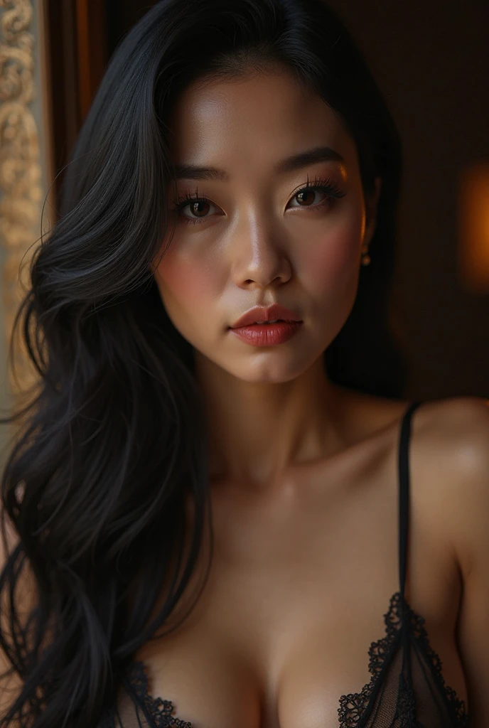 Beautiful girl asian with smooth long hair black, Black dress with neckline, she is taking a selfie with a cell phone, perspective of the cell phone camera, dynamic pose