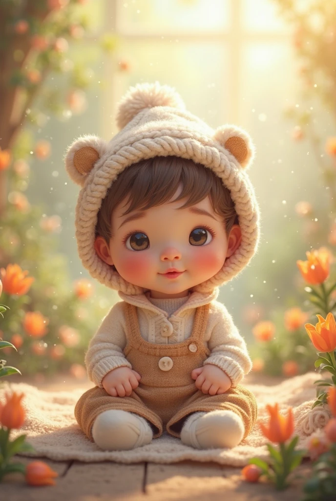 beautiful baby, sitting on bed, wearing bear outfit , indoors, soft lighting, plants in background, window with s, realistic, intricate details, warm colors
