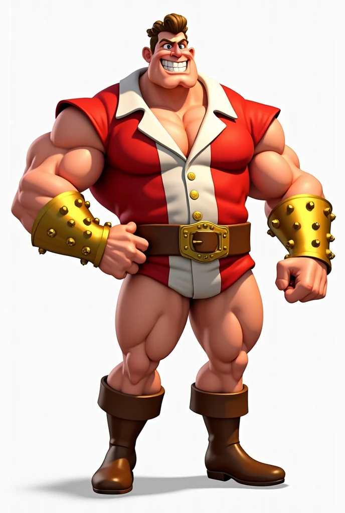 A Man , Blonde hair , Blonde Moustache like White Beard from One piece, Muscular Body like White Beard, A big Scar on his Right Chest , Holding a Big double edged War AXe , Standing , Muscular , Angry Face , one piece anime type animation , 2d , wearing a admirals Woolen red and  White Cushiony Cloak, Good animation , Big Muscular Guy , Tall , no beard , only long moustache , Full Body picture