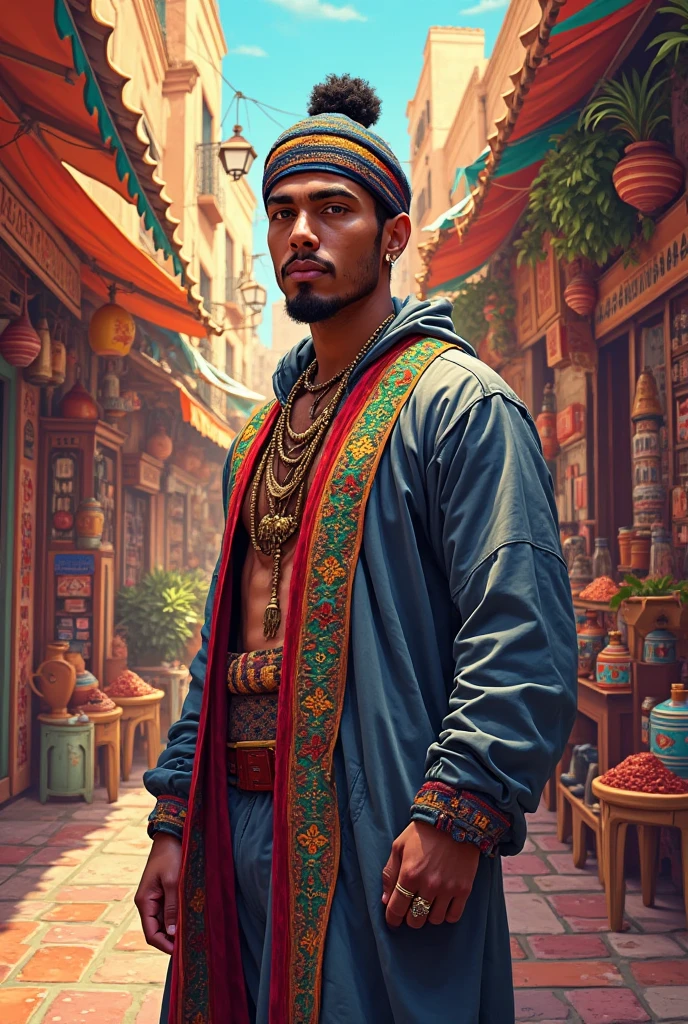In a futuristic cyberpunk world, a Saudi Arabian man adorned in traditional clothing stands out with a twist of vaporwave aesthetics. This mesmerizing image captures the man in intricate patterns and vibrant colors, blending cultural heritage with modern technology. The artwork, whether it be a digital painting or a photograph, showcases the man's striking juxtaposition of tradition and innovation. Every detail, from the neon accents to the holographic textures, exudes a sense of high-quality artistry that immerses viewers in a unique and visually stimulating experience.