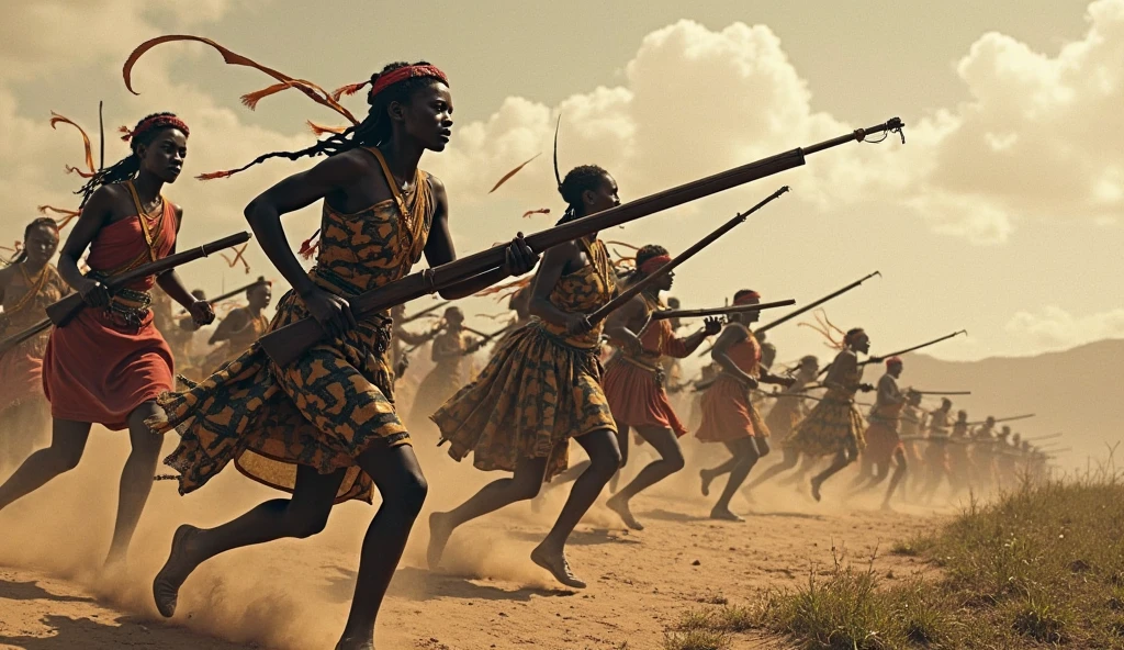 1400 a.c; (masterpiece, best quality) destroyed african village (Mozambique); Zulu warriors fighting great battle;  roses on the floor