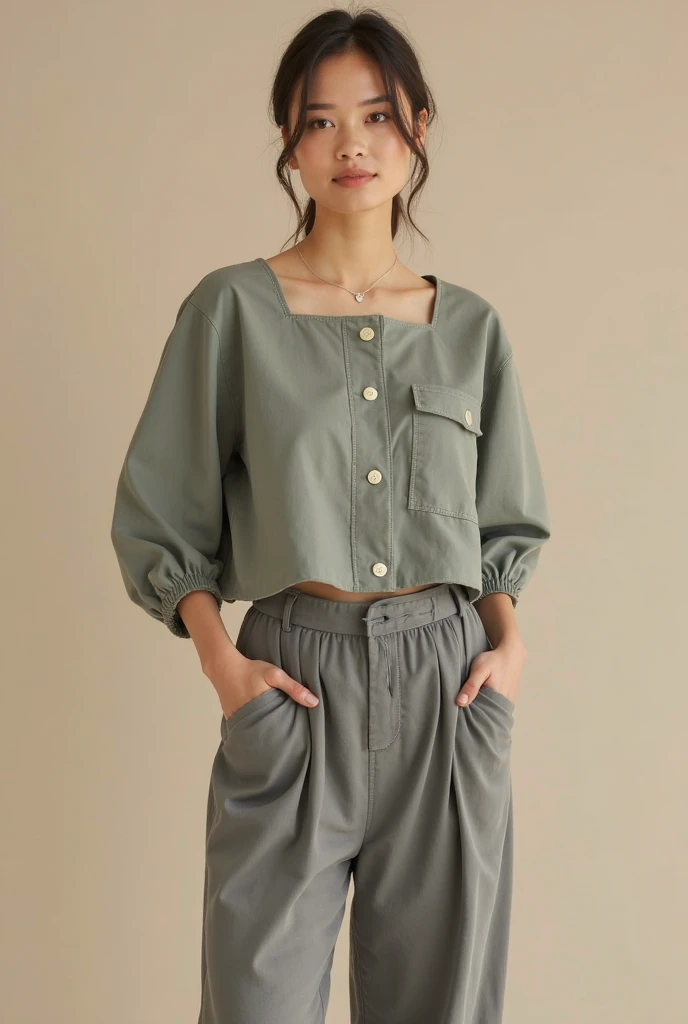 masterpiece, Top quality, best quality,Melancholy expression,A 35-year-old woman,Slightly curly hair,Haggard expression,Green long-sleeved shirt,Khaki pants,Cowboy lens,Women's Focus,Keep,permanent, Looking at the audience,Shut up,,Simple background,Solid color background,Light background