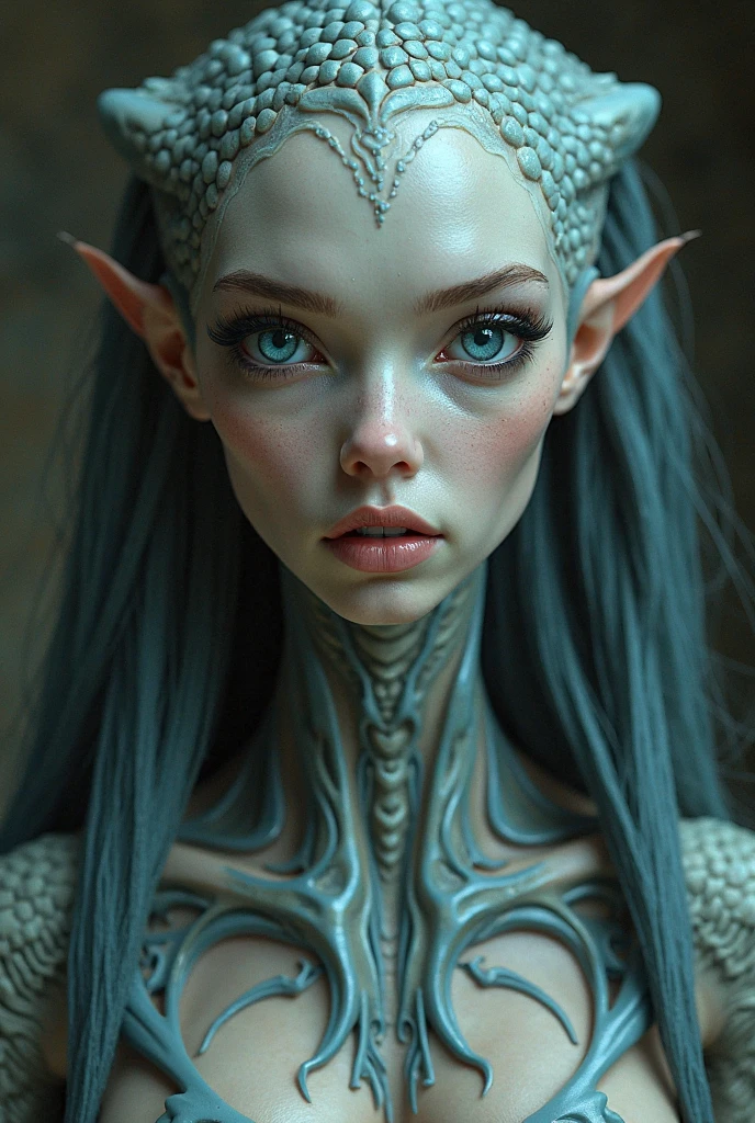 one girl, elf ears, , pure, cute naked, topless, a Woman alien mix, human Body, big tits, shed skin, alien nose but the Rest of the face ist human, (((whiskers))) big eyes, full black eyes, hybride 10 % elf 30 %alien and 60 % human, face mostly woman, shed kin at Body Arms and shoulders and neck, tits are human , nipples , full black Iris, slender No clothes,snake shed skin, dark purple skin, pink Hair, Iroquois,