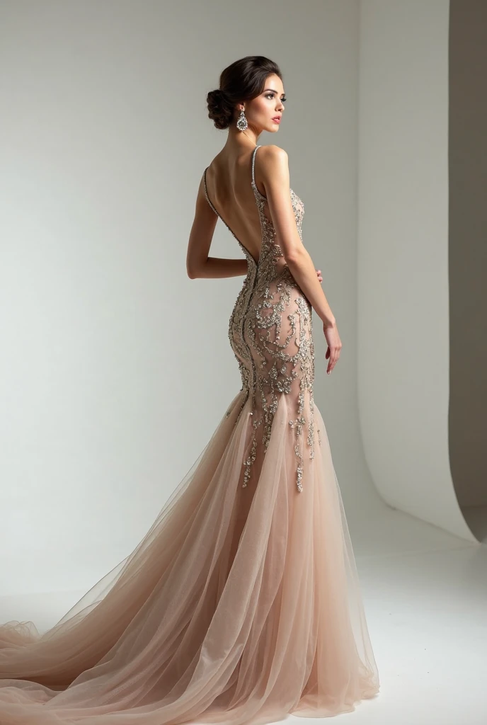 Back view of a beautiful woman wearing an evening dress with her back visible