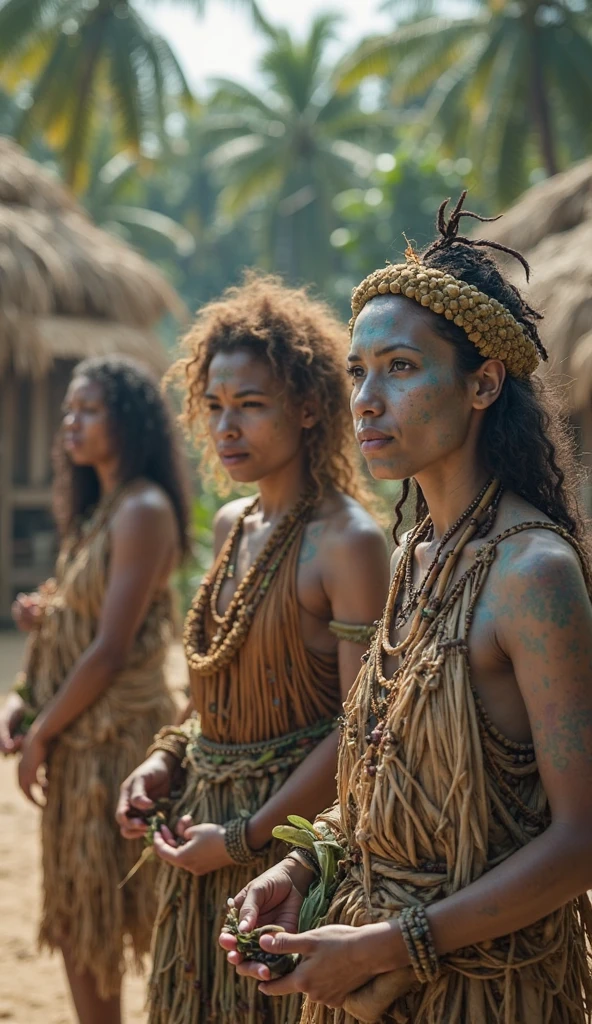 Magnificent detail, 8K Photos, hyper- realism, realistic background, visual depth, wide angle lens, all-body, 1 beautiful woman indigenous tupi guarani naked, covering the private parts with a snake. standing. barebody. Facial expression seduction, seducing smile. captivating stare. Indigenous facial painting. plume on head. Amazonian Brazil setting. brazilian forest. Spectacular beauty. Snake 3 meters. Woman holding the snake's head with her hand near her face. Woman looking at the snake's eye. Woman facing forward, looking at the photo. Snake coiled around the woman's body. Woman with a thin waist and a big butt. The woman is at the center of a circle formed by indigenous men, photo and drums. They perform a sexual ritual. The woman exudes seduction.