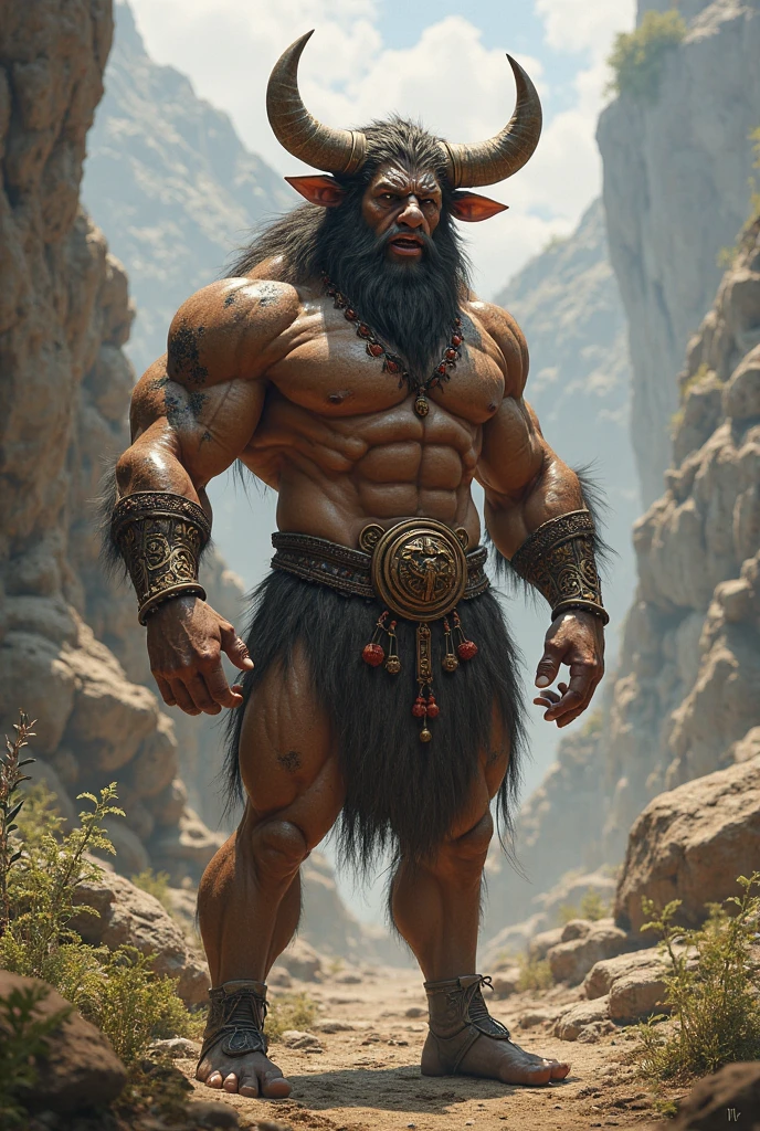 make a minotaur, with an appearance based on Kratos, but let it be an animalistic minotaur