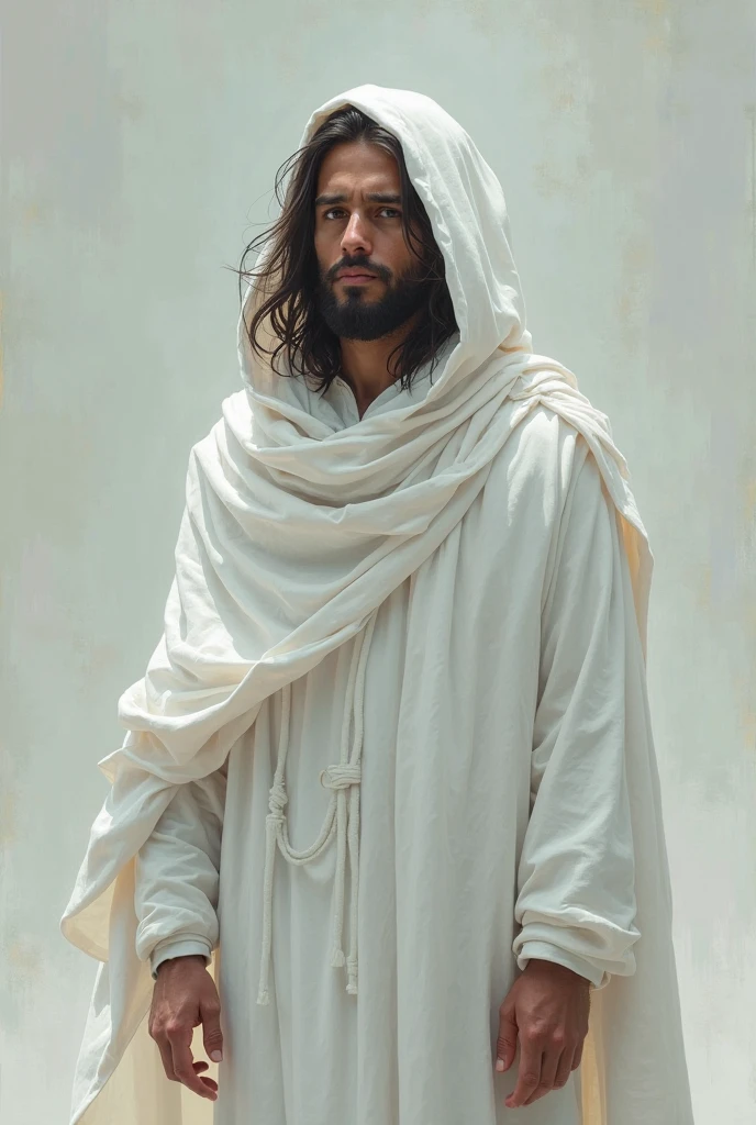 (masterpiece, best quality), intricate details, 1man, fenn_jesus, jesus christ, 1girl, robe, (looking down:1.1), brown eyes, SweatingTowelGuy, sweat, towel,