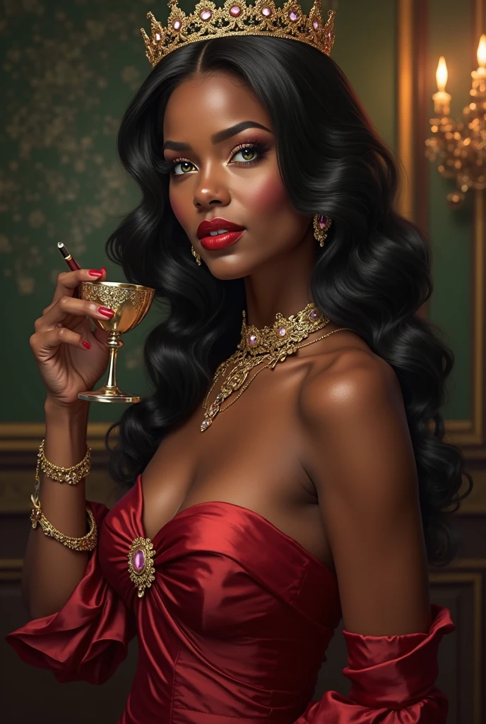 "Young African, princess adorned with jewels, beautiful dress, in front of her limousine, twinkling night lights, soft shadows, gracile expression and high resolution."