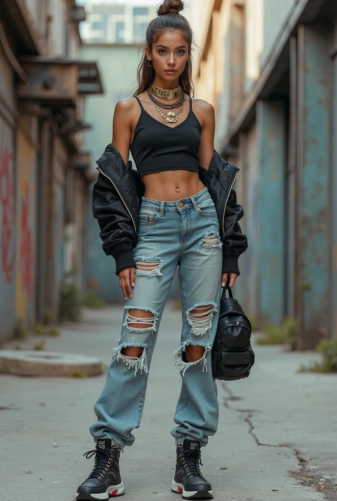 Maya embraces the essence of street chic in a bold and vibrant outfit that exudes confidence. She starts with a form-fitting black bodysuit as the foundation of her look, accentuating her curves while providing a sleek and streamlined silhouette.Layered on top is a statement oversized denim jacket in a striking acid wash finish. The jacket features distressed details, patches, and graffiti-inspired artwork, adding an edgy and urban flair to Maya's ensemble. She wears the jacket slightly off the shoulder for a relaxed yet stylish vibe.On the bottom, Maya opts for high-waisted black cargo pants with multiple pockets and buckle details, adding both functionality and fashion-forward edge to her outfit. The pants are cinched at the waist with a chunky black belt adorned with silver studs, adding a touch of hardware-inspired embellishment.For footwear, Maya chooses a pair of sleek black ankle boots with chunky block heels, perfect for navigating the city streets in style. The boots feature silver hardware accents and zipper details, adding a touch of urban sophistication to her look.Accessorizing her ensemble, Maya rocks a set of bold silver hoop earrings and layered chain necklaces, adding a hint of glamour to her street-ready outfit. She completes her look with oversized black sunglasses and a sleek black leather crossbody bag, perfect for carrying her essentials while on the go.