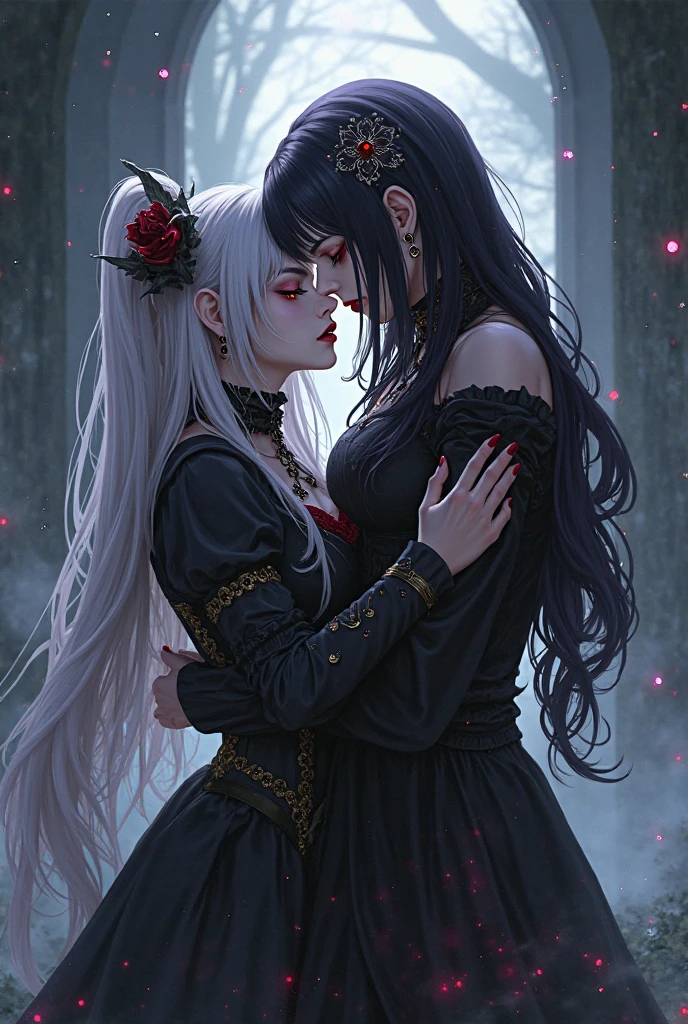 adesivo, fundo simples, portrait, 2 girls, couple, kissing, girl with long hair, beautiful gothic girl, gothic aesthetic, beautiful girl, very beautiful fantasy art, beautiful and elegant female gothic, beautiful detailed fantasy, black and pink color palate, black color-theme