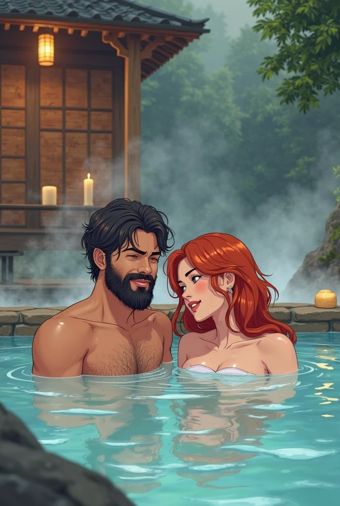 rating_explicit, woman, red hair, long hair, red lipstick, hot Springs, naked, missionary sex, night background