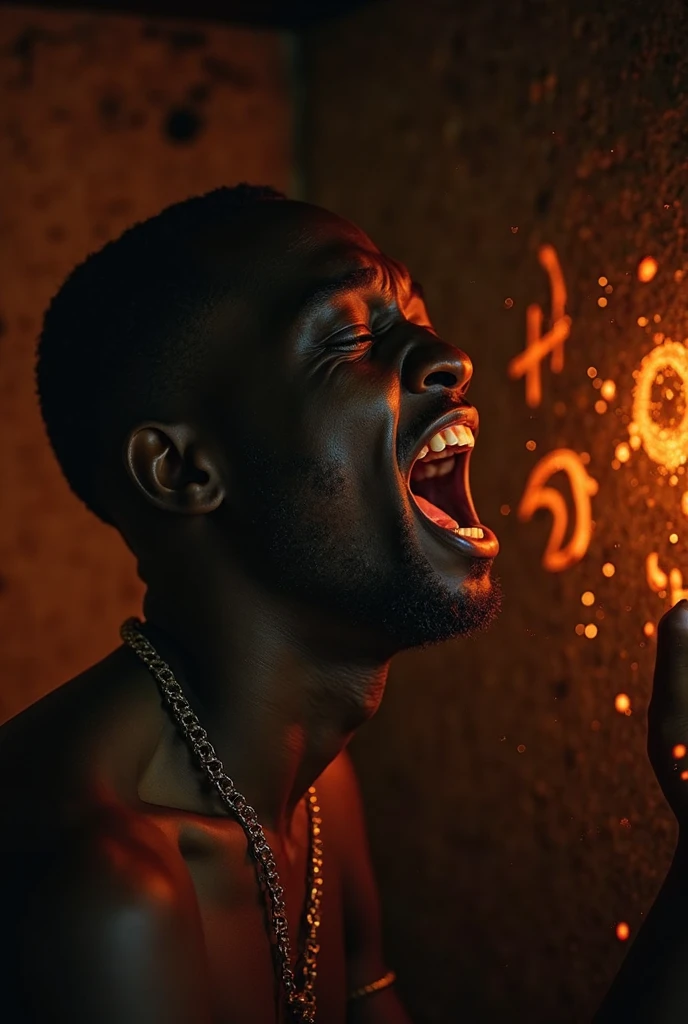 a black dark-skinned man with face tattoos and short taper waves haircut,a chain that says ‘OZ’, and and gold grills shirtless dressed in grey shorts, grinding on the floor, with a sexual look, inside a red glowing water, he is sticking out his tongue, water dripping from it, his body is wet