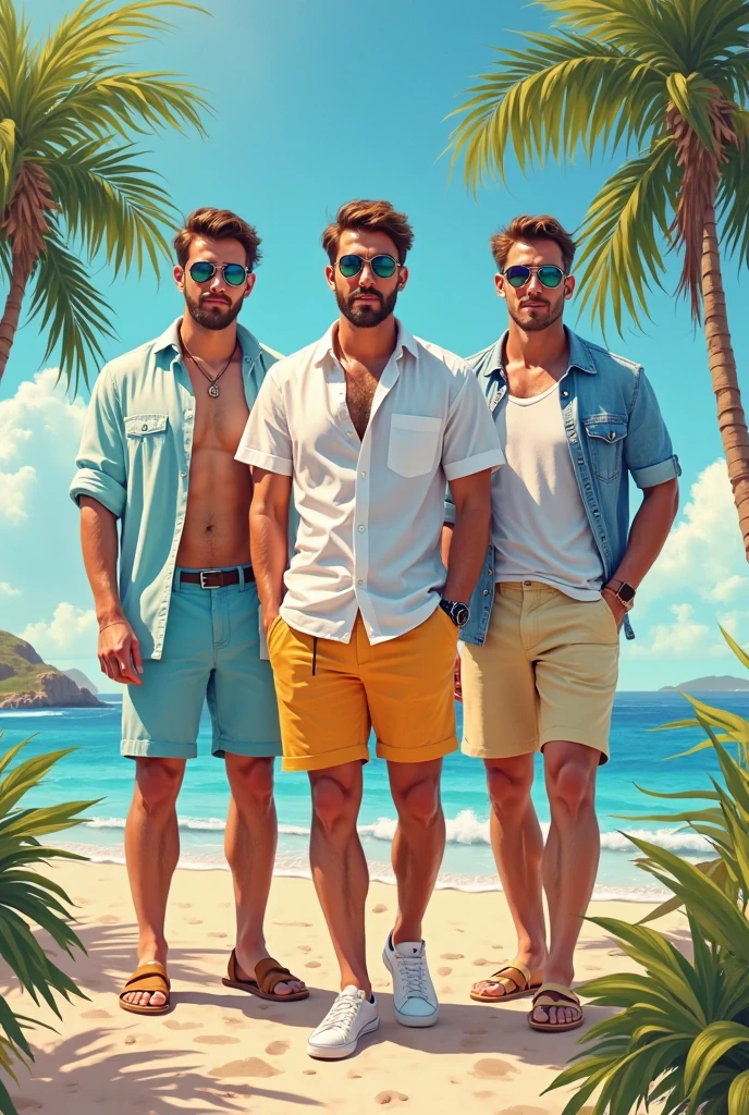 Masterpiece, creat a high resolution Portrait. Brazilian 4 family young and mature insanely handsome men in heavenly tropical beach, wearing beachwear clothing, windy hair, hairy body, huge bulges, well endowed, tanned, very masculine men ,traditional, hairy chest, paradise beach, fitted, wisdome, shirtless, trees, exposed, intimate, slim, modeling, weapons, realistic, extremely dynamic action poses, low angle shot.
